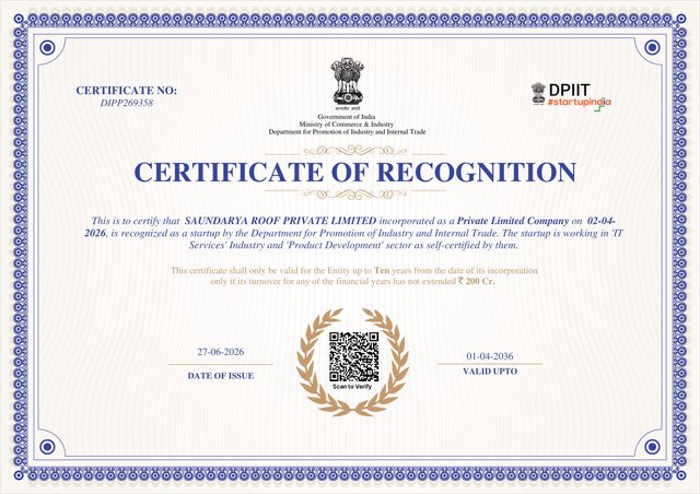 DPIIT Certificate of Recognition issued to Saundarya Roof Private Limited, certificate number DIPP269358